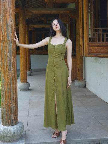 Moss Traces Weaving Jade Skirt Retro Forest Green Square-Neck Slit A-Line Dress with Waist Cinching