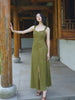 Moss Traces Weaving Jade Skirt Retro Forest Green Square-Neck Slit A-Line Dress with Waist Cinching