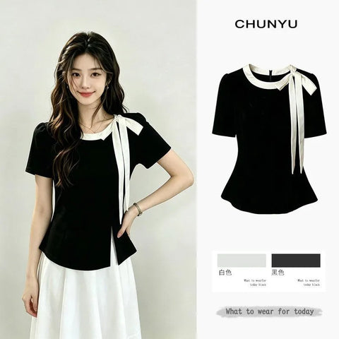 Plus Size Women's Summer French-Style Bow Short-Sleeve T-Shirt