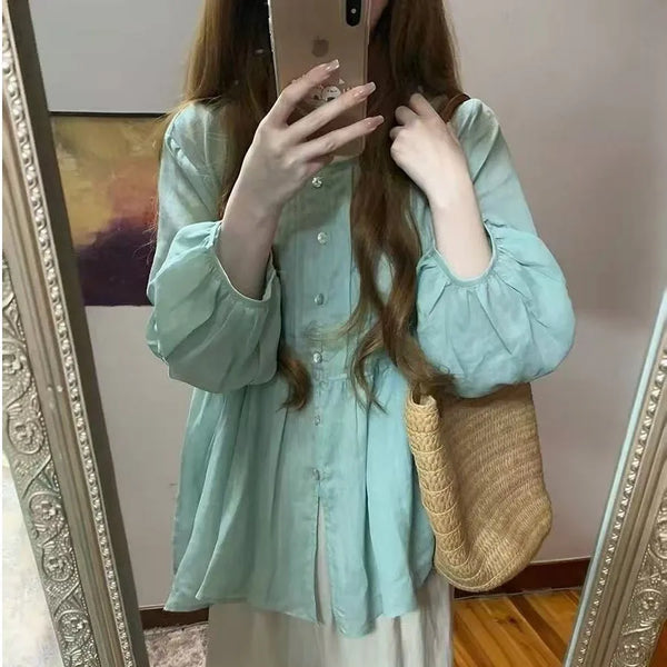 Plus Size Women's French-Style New-Style Long-Sleeve Puff-Sleeve Relaxed Fit Shirt Fits 331 lb