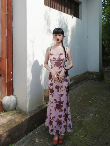 Gu Ya Fen Gui Skirt Oil Painting Manor Rose Floral New Chinese Style Backless Mermaid Maxi Dress