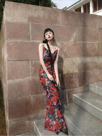 Deep Ink Plum Blossom Skirt Azalea New Chinese Style Rose Original Floral Mermaid Strap Dress