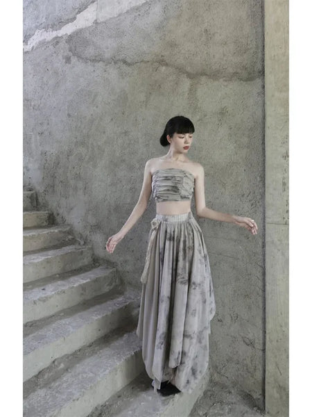 Ancient Wood Cool Skirt Tie-dye Irregular Chinese Deconstructed Wabi-sabi Original Bustier + Half