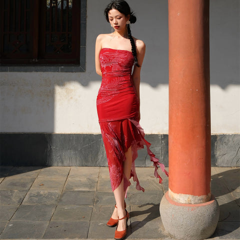 Red Silk Dragon Pattern Skirt Crimson New Chinese Classical Elegant Retro Strapless Waist-hugging Dress
