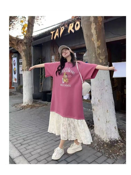 Plus Size Women's New-Style Lace Patchwork Short-Sleeve Relaxed Fit Dress Fits 331 lb