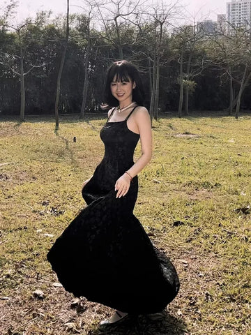 Embossed Black Long Dress New Chinese Style Pressed Flower Textured Irregular Heavy Work Spliced