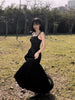 Embossed Black Long Dress New Chinese Style Pressed Flower Textured Irregular Heavy Work Spliced