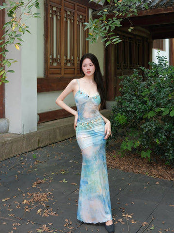 Yanshui Beiyao Skirt Fresh and Cozy Tie-Dye Halter Mermaid Dress Vacation Oil Painting Style Slim Fit One-Piece