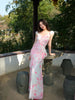 Pink Paper Falling Petals Skirt New Chinese Style Ruffled Floral Waist Mermaid Dress