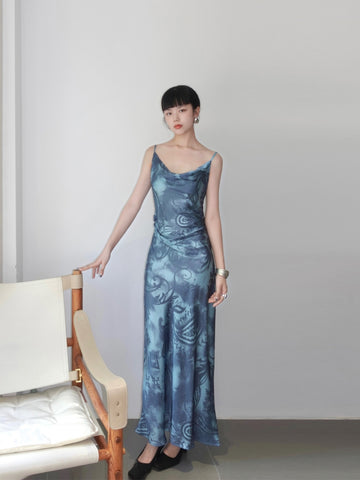 Qing Ji Zhi Yun Skirt Chilly and Touching Fish Sea Blue New Irregular Backless Retro Strap Dress
