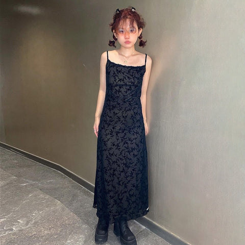 Xiao Ju Chuan Li / Dark Revival Skirt Wabi-Sabi Chinese-Style Vintage Floral Flocked Mesh