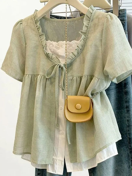Plus Size Women's Summer French-Style Elegant Puff-Sleeve Shirt