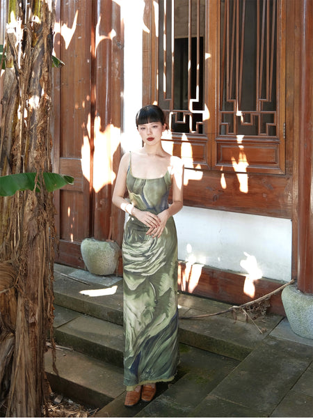 Aono Tea Aroma Skirt Light Green Forest Fairy Retro New Chinese Style Original Halter Maxi Dress