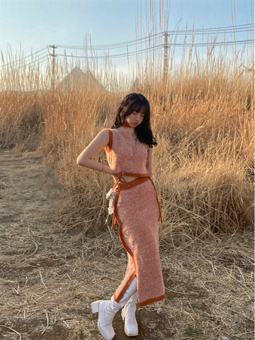 Orange Velvet Set Rope Tie High Neck Vest Irregular Floral Slit Deconstructed Long Dress