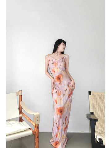 Flower Dyed Dream Chrysanthemum Skirt Elegant Pink Gentle Gradient New Chinese Style Original Halter Maxi Dress
