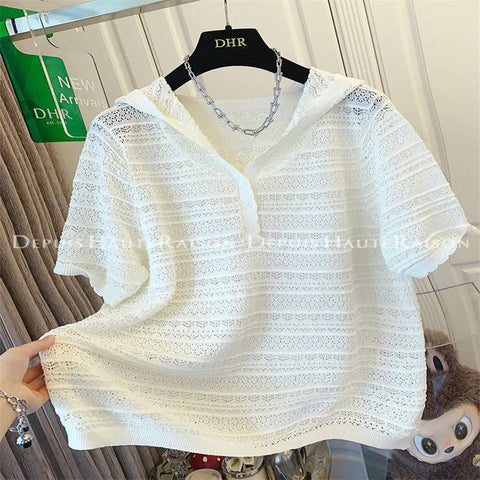 Plus Size Women's Summer French-Style Crochet Knitted Short-Sleeve Sweater Fits 331 lb