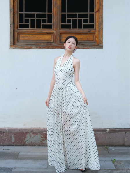 Polka Dot Roman Holiday French Halter Neck Dot Long Dress