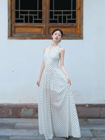 Polka Dot Roman Holiday French Halter Neck Dot Long Dress