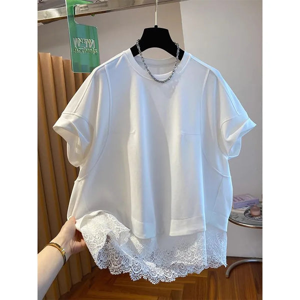 Plus Size Women's Summer New-Style Casual Lace Patchwork Short-Sleeve Relaxed Fit T-Shirt Fits 331 lb