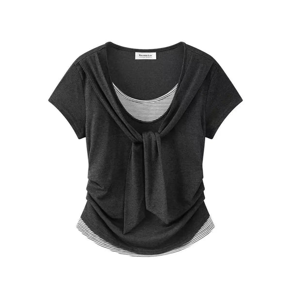 Plus Size Patchwork Pleated Short-Sleeve T-Shirt Fits 331 lb