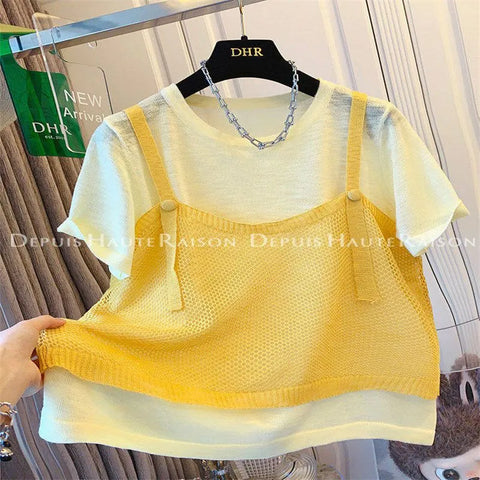 Plus Size Women's Summer New-Style Patchwork Knitted Short-Sleeve Relaxed Fit Sweater Fits 331 lb