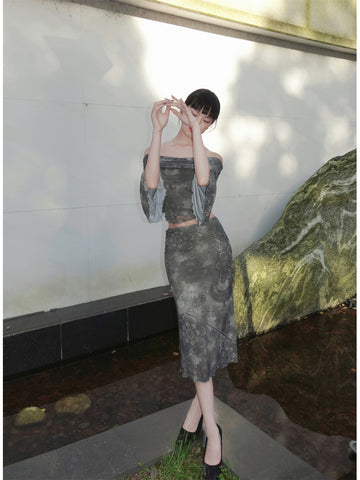 Misty Green Chinese Style One-Shoulder Bell Sleeve Set with Ink Wash Landscape Print