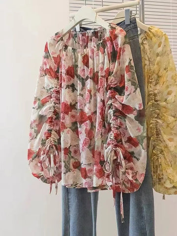 Plus Size Women's Floral Chiffon Long-Sleeve Relaxed Fit Shirt