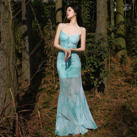 Yunxiao Fuguang Skirt Summer Mint Green Island Resort Style Mermaid Fit Halter Dress