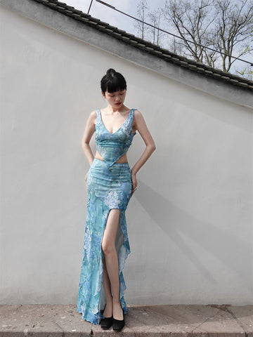 Cold Sea Blue Feather Skirt Azure Ocean Classical Retro Open Back Beach Vacation Slit Dress Set