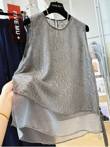 Plus Size Women's Summer Fashionable New-Style Casual Patchwork Chiffon Sleeveless Relaxed Fit Blouse Fits 331 lb
