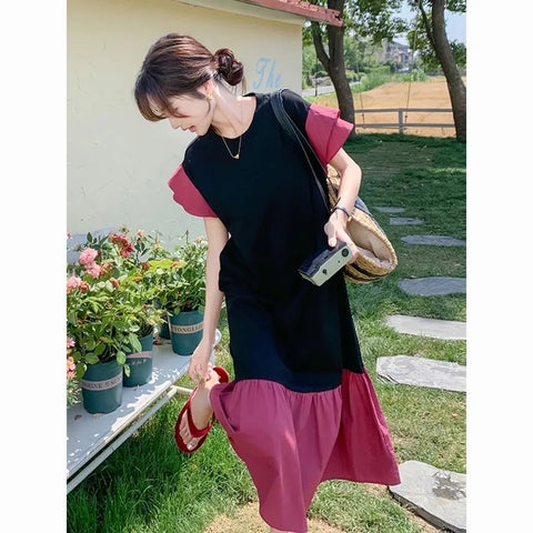 Plus Size Women's Summer French-Style New-Style Patchwork Short-Sleeve Relaxed Fit Dress Fits 331 lb