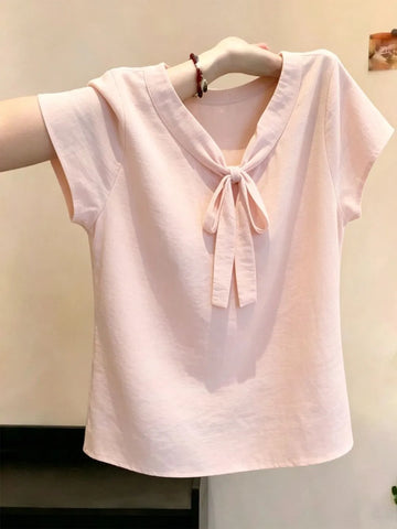Plus Size Women's Summer New-Style Bow Short-Sleeve Relaxed Fit T-Shirt Fits 331 lb