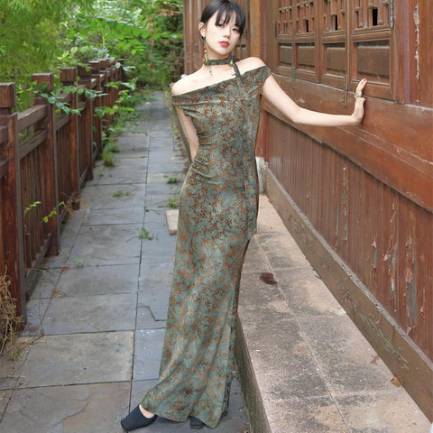 Planting Nepal Skirt Botanical Print Scoop Neck Retro One-Shoulder Strap Two-Way Maxi Dress