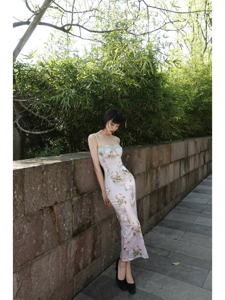Yan Ya Qing Gui Skirt Classical Romantic Zen Floral Retro Slim Chinese Style Halter Dress