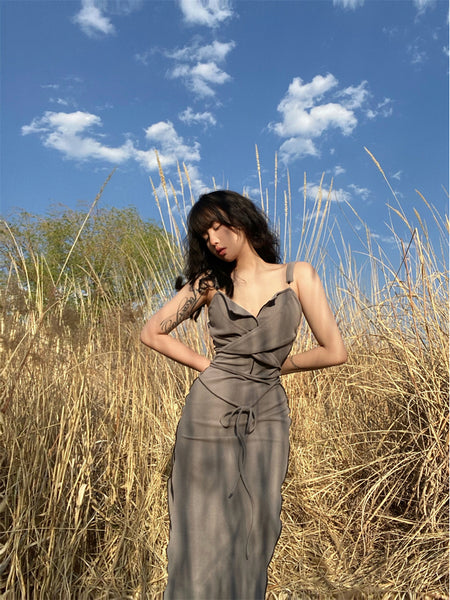 Ash Grey Wrapped Rope Skirt New Chinese Style Lotus Leaf Edge Tied Cool Spliced Slit Strap Dress