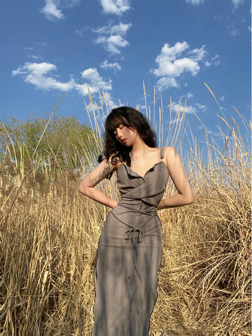 Ash Grey Wrapped Rope Skirt New Chinese Style Lotus Leaf Edge Tied Cool Spliced Slit Strap Dress