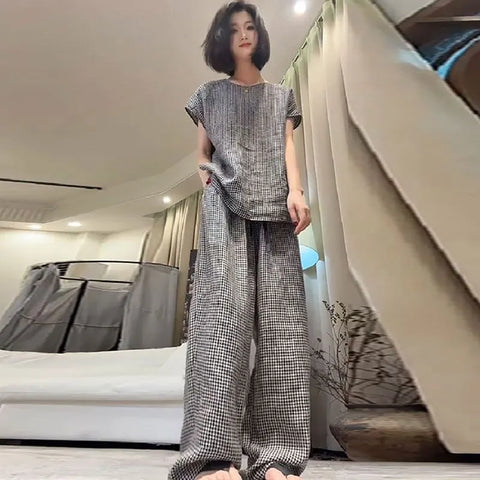 Plus Size Women's Summer Vintage Casual Short-Sleeve Relaxed Fit Two-Piece Set Fits 331 lb