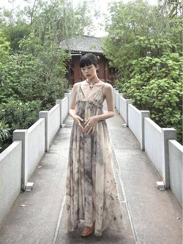 Clear and Cold Tea Dyed Skirt Cotton Linen Tie-Dye Retro New Chinese Style Halter V-Neck Original Maxi Dress