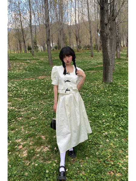 Chinese Style Set with Frog Buttons New Texture White Elegant Retro Dress Not Restocked After Sold Out