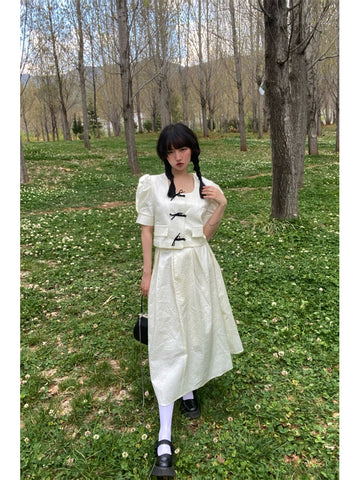 Chinese Style Set with Frog Buttons New Texture White Elegant Retro Dress Not Restocked After Sold Out