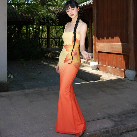 Sunset Dirty Orange Skirt Hanxia Beach Flower Gradient Mermaid Vacation Strap Dress