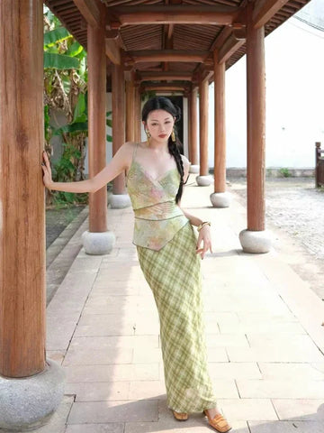 Chun Tai Plaid Window Skirt Green New Chinese Style Retro Two-Piece Long Dress Set