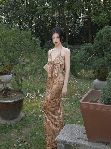 Mo Riyecha Skirt Hong Kong Style Retro Hollow Leopard Print New Chinese Vacation Halter Backless Set