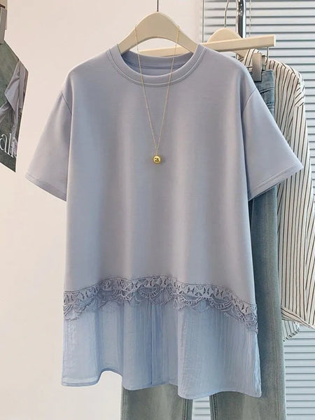 Plus Size Women's Summer New-Style Lace Design Patchwork Short-Sleeve Relaxed Fit T-Shirt Fits 331 lb