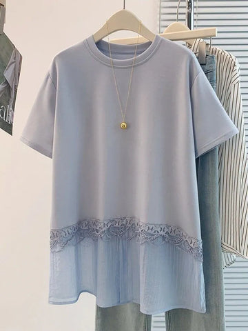 Plus Size Women's Summer New-Style Lace Design Patchwork Short-Sleeve Relaxed Fit T-Shirt Fits 331 lb
