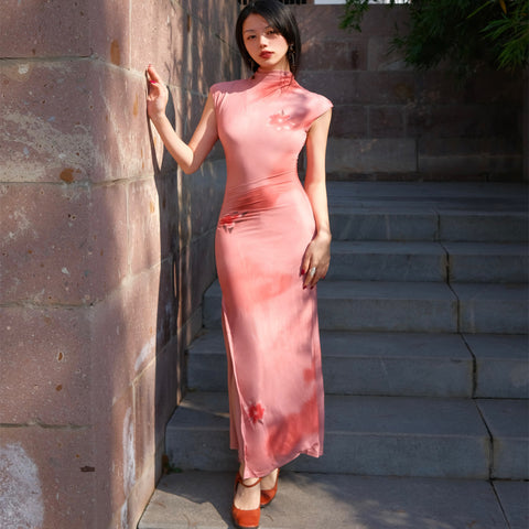 Crimson Smoke Embellished Jade Skirt Pink and Black Beauty Classical New Chinese Style Elegant Retro Slim Strapless Dress