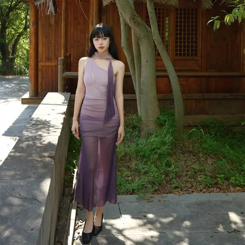Poem Among Flowers Skirt Late Spring Purple Style with Gradient Mesh Lace One-Shoulder Slim Dress