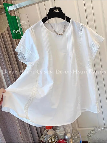 Plus Size Summer French-Style Lace Pleated Short-Sleeve Shirt Fits 331 lb