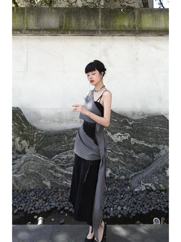 Jian Ma Wrapped Long Dress Cool Gray Linen and Cotton Raindrop Shawl New Chinese Style Layered Black