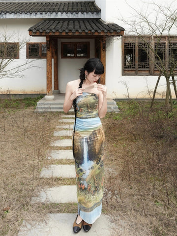 Qingyun Liuquan Skirt Natural Flavour New Chinese Style Retro Oil Painting Off-shoulder Mesh Bust Long Dress